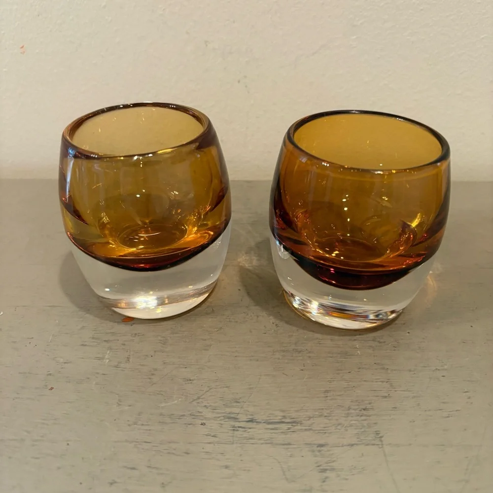 Pair Of Crate&Barrel Amber Topaz Diva Glass Votive Candle Holders